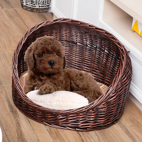 Natural Wicker Cat House Basket with Washable Cushion for Indoor Cats and Dogs, Hand woven Rattan Cat Bed-Paintingforhome