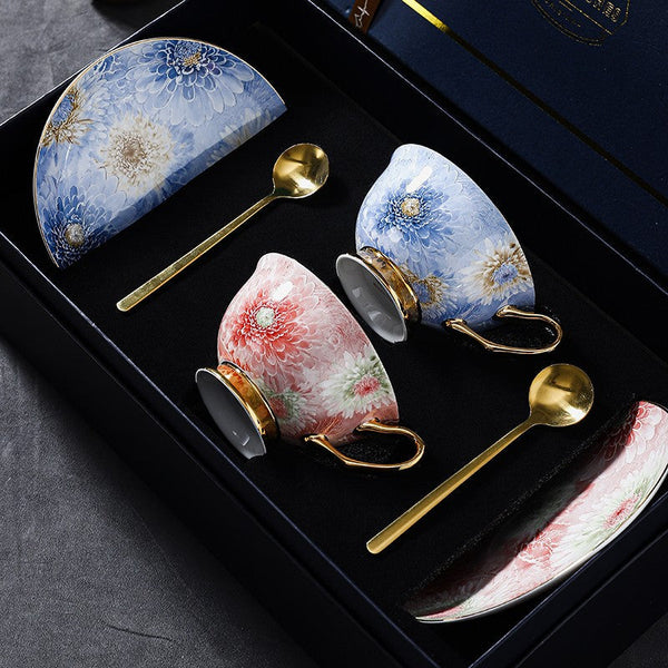 Unique Tea Cups and Saucers in Gift Box, Blue and Pink Beautiful British Tea Cups, Elegant Ceramic Coffee Cups, Creative Bone China Porcelain Tea Cup Set-Paintingforhome
