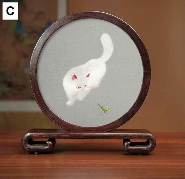 Exclusive Business Present, Lovely Kitty Cat Embroidered Decor, Premium Souvenir, Unique Birthday Gift, Traditional Chinese Suzhou Kitten Embroidery Ornament-Paintingforhome
