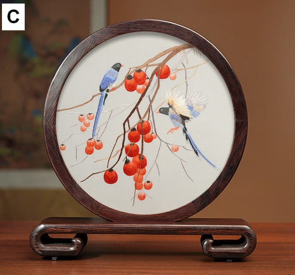 Flower and Bird Embroidery Ornaments, Unique Birthday Gift, Traditional Chinese Suzhou Silk Embroidered Ornament, Premium Souvenir, Exclusive Business Presents-Paintingforhome