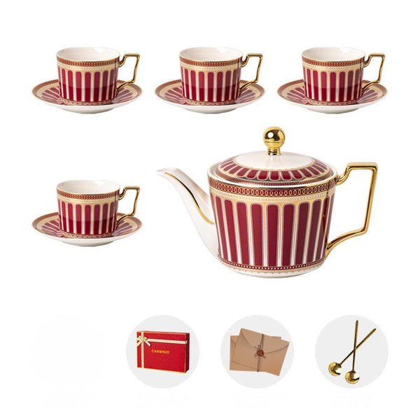 Modern Ceramic Coffee Cups, 7.4 oz Red Tea Cup and Saucer Set of 4 cups with Teapot in Gift Box, Porcelain Tea Cup and Saucer Set-Paintingforhome