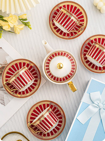 Modern Ceramic Coffee Cups, 7.4 oz Red Tea Cup and Saucer Set of 4 cups with Teapot in Gift Box, Porcelain Tea Cup and Saucer Set-Paintingforhome
