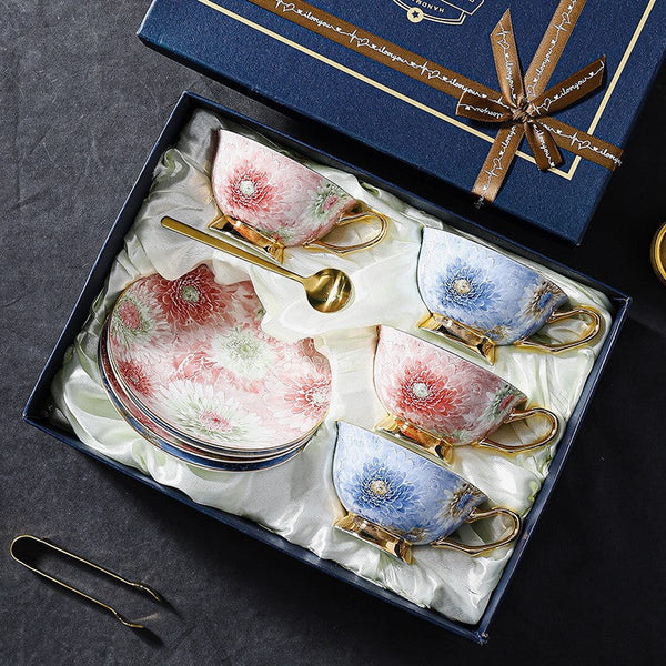 Unique Tea Cups and Saucers in Gift Box, Blue and Pink Beautiful British Tea Cups, Elegant Ceramic Coffee Cups, Creative Bone China Porcelain Tea Cup Set-Paintingforhome