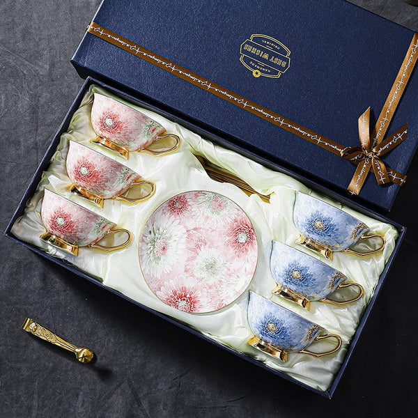Unique Tea Cups and Saucers in Gift Box, Blue and Pink Beautiful British Tea Cups, Elegant Ceramic Coffee Cups, Creative Bone China Porcelain Tea Cup Set-Paintingforhome
