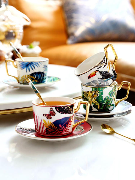 Elegant Tea Cup and Saucer, Jungle Toucan Pattern Porcelain Coffee Cups, 7.4 oz Coffee Cups with Gold Trim and Gift Box-Paintingforhome