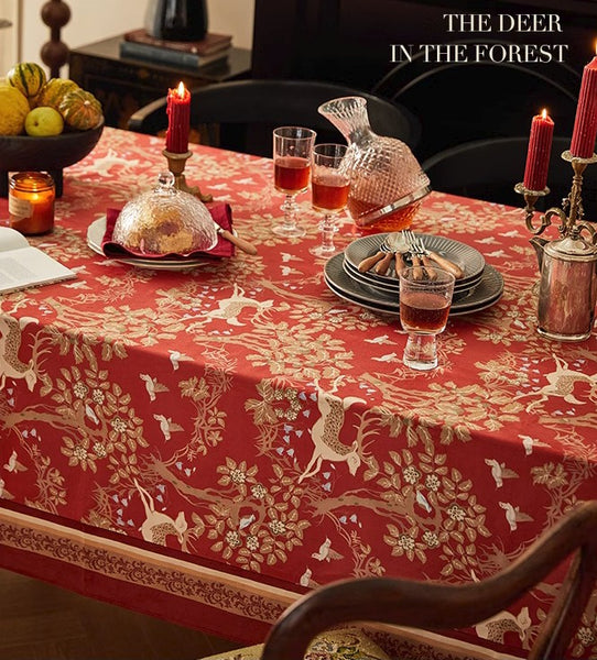 Forest Deer Red Table Covers, Square Tablecloth for Kitchen, Long Modern Rectangular Tablecloth for Dining Room Table, Extra Large Tablecloth for Round Table-Paintingforhome