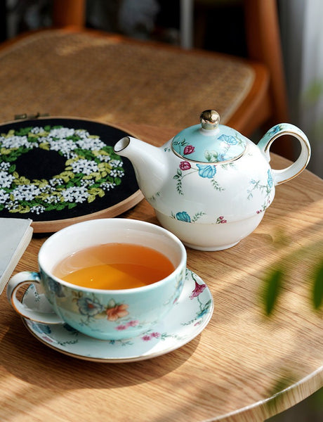 Porcelain Teapot with Matching Cup and Saucer in Gift Box, Stackable Teapot and Cup Set, Ceramic Tea Pot with Integrated Cup, Mother and Baby Teapot with Matching Saucer-Paintingforhome