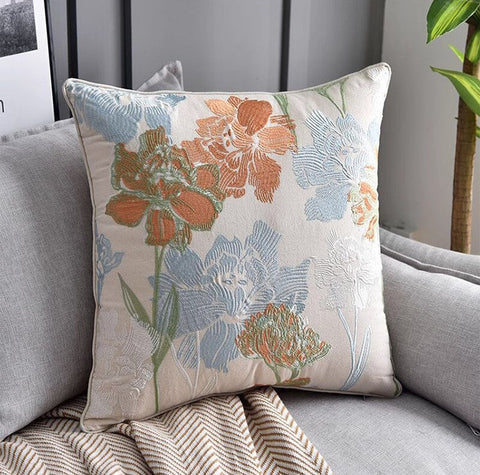 Decorative Sofa Pillows for Couch, Embroider Flower Cotton Pillow Covers, Cotton Flower Decorative Pillows, Farmhouse Decorative Pillows-Paintingforhome