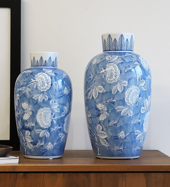 Large Flower Vases on Dining Table, Blue Porcelain Flower Vases, Centerpiece Ceramic Bouquet Vases, Handmade Modern Flower Vase-Paintingforhome