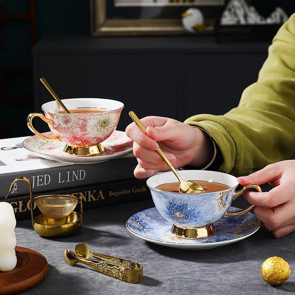 Unique Tea Cups and Saucers in Gift Box, Blue and Pink Beautiful British Tea Cups, Elegant Ceramic Coffee Cups, Creative Bone China Porcelain Tea Cup Set-Paintingforhome