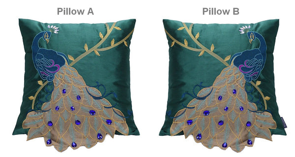 Decorative Sofa Pillows, Decorative Pillows for Couch, Beautiful Decorative Throw Pillows, Green Embroider Peacock Cotton and linen Pillow Cover-Paintingforhome