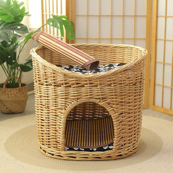 Washable Wicker Cat Bed, Wicker Cat House with Washable Cushion for Indoor Cats and Dogs-Paintingforhome
