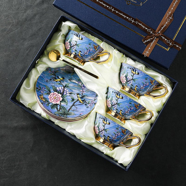 Blue Bird and Butterfly Porcelain Tea Cup Saucer Set, 7.4 oz British Tea Cup and Saucer in Gift Box, Elegant British Ceramic Coffee Cups-Paintingforhome