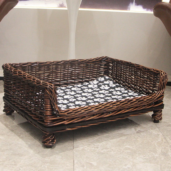 Large Natural Wicker Dog Bed with Washable Cushion for Indoor Cats and Dogs, Hand Woven Rattan Cat Beds-Paintingforhome