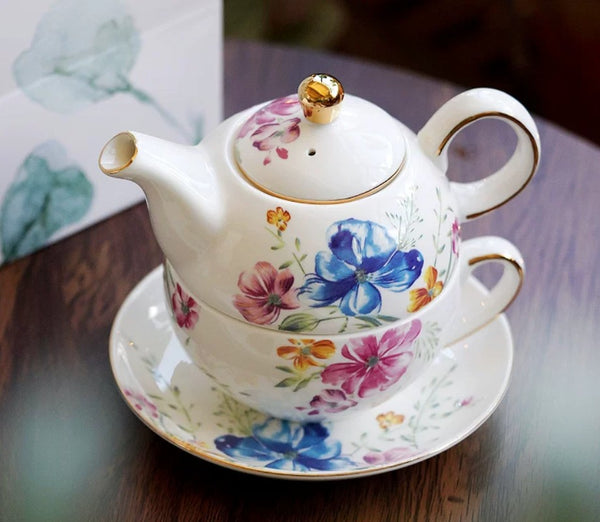 Ceramic Tea Pot with Integrated Cup, Stackable Teapot and Cup Set, Porcelain Teapot with Matching Cup and Saucer in Gift Box, Mother and Baby Teapot with Matching Saucer-Paintingforhome