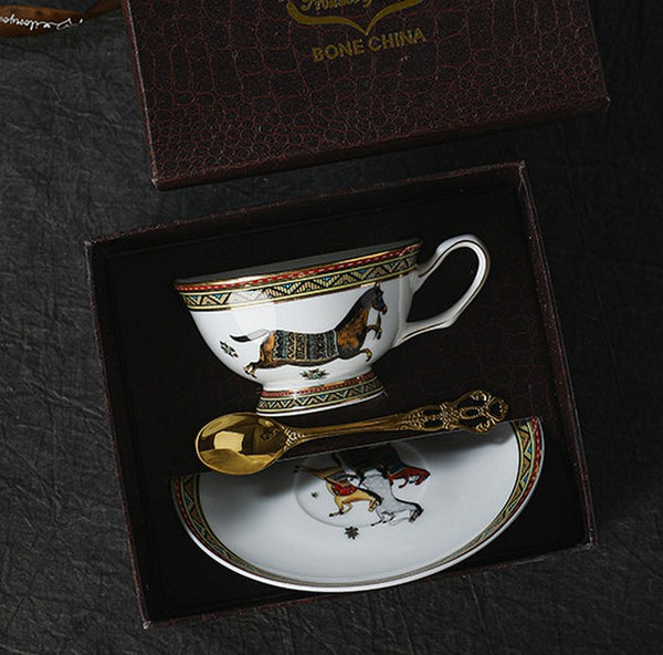 Porcelain Tea Cup and Saucer Set, 7.4 oz British Horse Pattern Coffee Cup with Saucer, Ceramic Tea Cup and Saucer in Gift Box-Paintingforhome