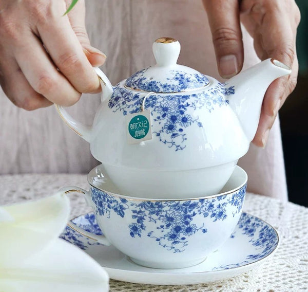 Mother and Baby Teapot with Matching Saucer British Style Porcelain Teapot with Matching Cup and Saucer in Gift Box, Ceramic Tea Pot with Integrated Cup, Stackable Teapot and Cup Set-Paintingforhome