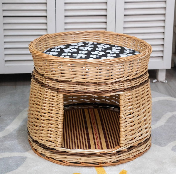 Large Double-Layer Cat Bed, Wicker Cat House Basket with Washable Cushion for Indoor Cats and Dogs-Paintingforhome