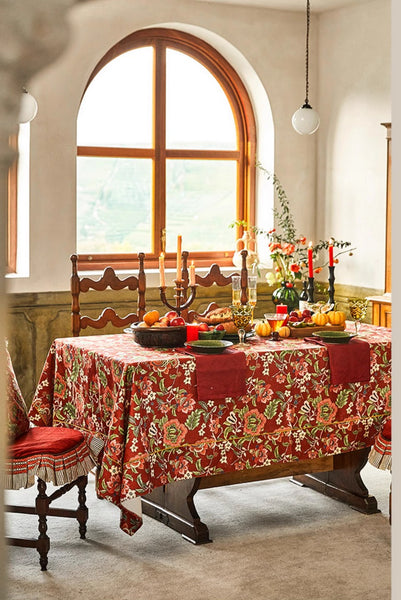 Large Modern Rectangle Tablecloth for Dining Table, Azalea Flower Pattern Table Covers for Dining Table, Red Flower Pattern Table Cloth for Oval Table-Paintingforhome