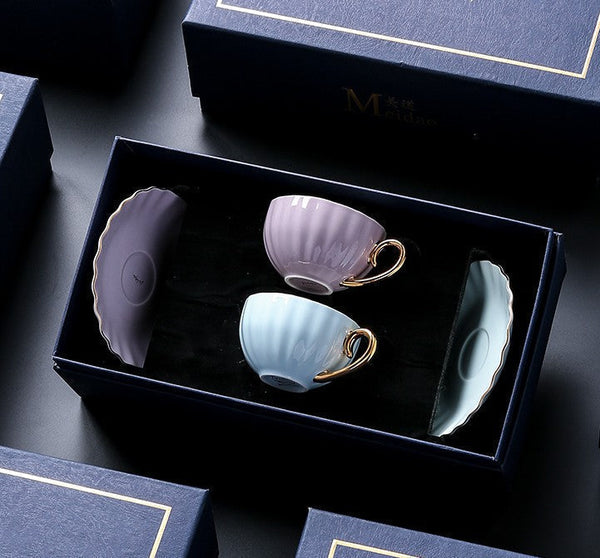 Creative Porcelain Tea Cup Saucer Set of 2 Cups, Elegant Macaroon Ceramic Coffee Cups, Beautiful British Tea Cups, 6.8 oz Tea Cup and Saucer in Gift Box as Birthday Gift-Paintingforhome