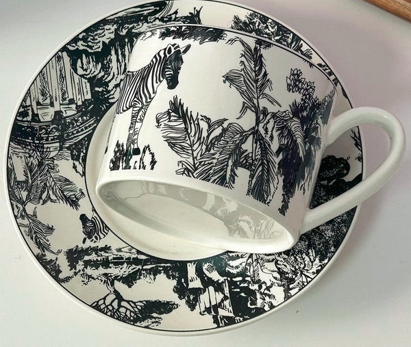 Royal Ceramic Cups, Elegant Ceramic Coffee Cups, 6.8 oz Tea Cup and Saucer in Gift Box, Zebra Jungle Porcelain Tea Cup Saucer Set-Paintingforhome