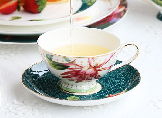 Lotus Flower Porcelain Tea Cup Saucer Set, Elegant Ceramic Coffee Cups, Beautiful British Tea Cups, Traditional English Tea Cup and Saucer-Paintingforhome
