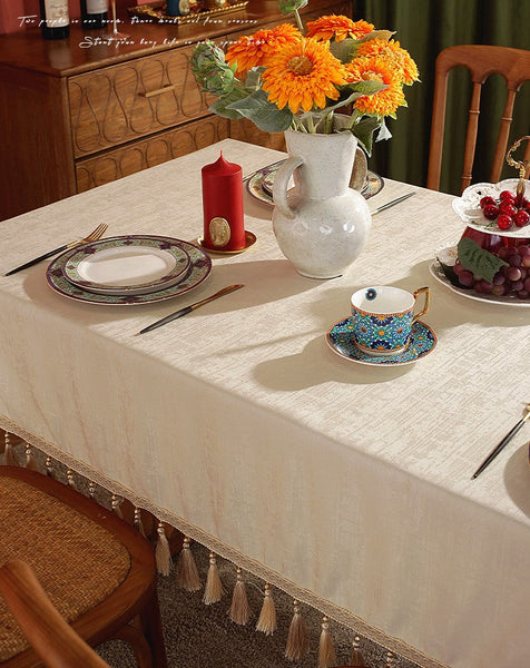 Modern Rectangle Tablecloth for Kitchen, Beige Fringes Tablecloth for Home Decoration, Square Tablecloth for Round Table, Large Simple Table Cloth for Dining Room Table-Paintingforhome
