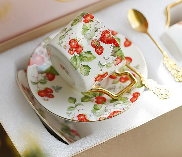 Strawberry Bone China Porcelain Tea Cup Set, Elegant Ceramic Coffee Cups, British Royal Ceramic Cups for Afternoon Tea, Unique Blue Tea Cup and Saucer in Gift Box-Paintingforhome