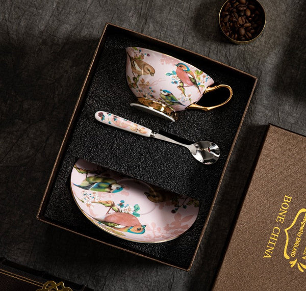 Lovely Birds Ceramic Cups, Elegant Ceramic Coffee Cups, Afternoon Porcelain Tea Cup Saucer Set, Unique Tea Cup and Saucer in Gift Box-Paintingforhome