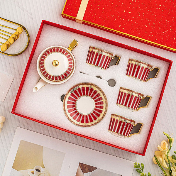 Modern Ceramic Coffee Cups, 7.4 oz Red Tea Cup and Saucer Set of 4 cups with Teapot in Gift Box, Porcelain Tea Cup and Saucer Set-Paintingforhome