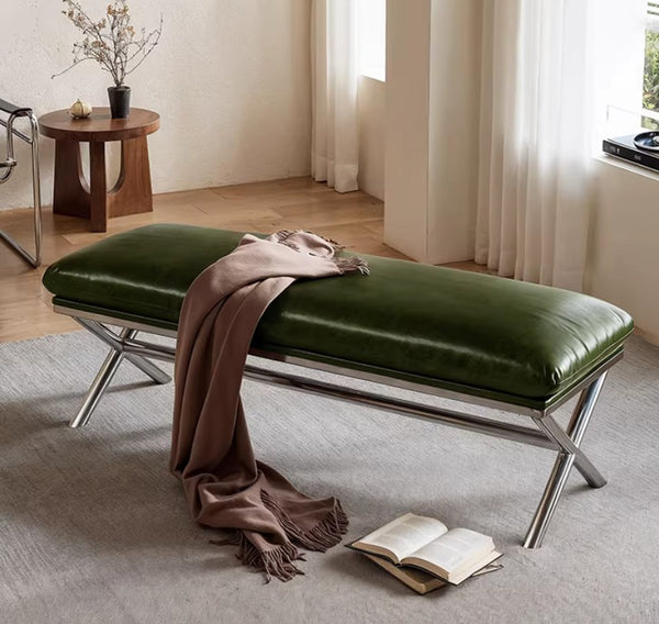 Luxury Genuine Leather Entry Bench, Upholstered Shoe Bench, Contemporay Bedroom Bench, Narrow Entryway Bench, Modern Shoe Changing Ottoman, Mid-Century Hall Bench-Paintingforhome