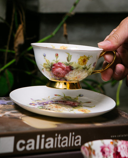 Elegant Rose Flower Ceramic Cups, Unique Royal Coffee Cup and Saucer, Creative Porcelain Tea Cup Saucer Set, Beautiful British Tea Cups-Paintingforhome