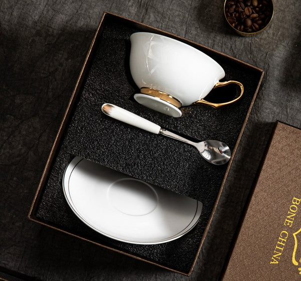 White Ceramic Cups, Elegant British Ceramic Coffee Cups, 7.8 oz Porcelain Tea Cup Saucer Set, Unique Tea Cup and Saucer in Gift Box-Paintingforhome