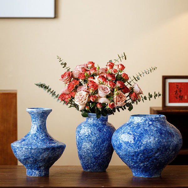 Handmade Water Holding Flower Vases, Centerpiece on Dining Table, Blue Pottery Bud Vases, Large Flower Vases on Table, Modern Pottery Flower Vases-Paintingforhome