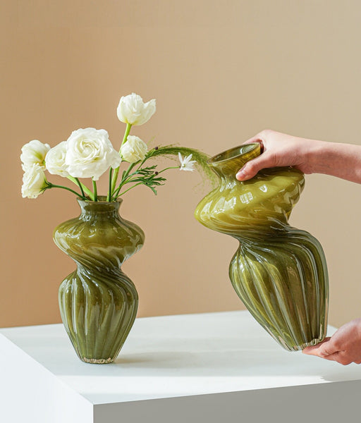 Unique Decorative Glass Vase, Centerpiece Vases on Table, Handmade Contemporary Glass Vases, Modern Green Vases for Living Room, Mid Century Vases for Flowers-Paintingforhome