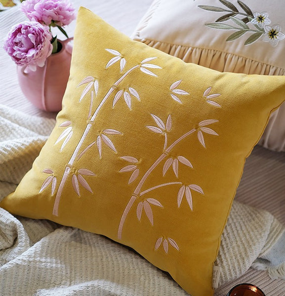 Decorative Pillow Arrangement Ideas for Couch, Large Decorative Pillows for Couch, Modern Throw Pillows for Bedroom, Living Room Decorative Pillows, Yellow Embroidered Bamboo Cushion-Paintingforhome