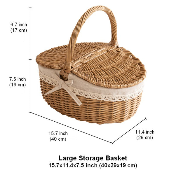 Picnic Storage Basket with Handle, Extra Large Kitchen Storage Baskets, Natural Hand-woven Wicker Storage Basket, Lovely Willow Weaving Baskets for Vegetable, Natural Fruit Storage Baskets-Paintingforhome