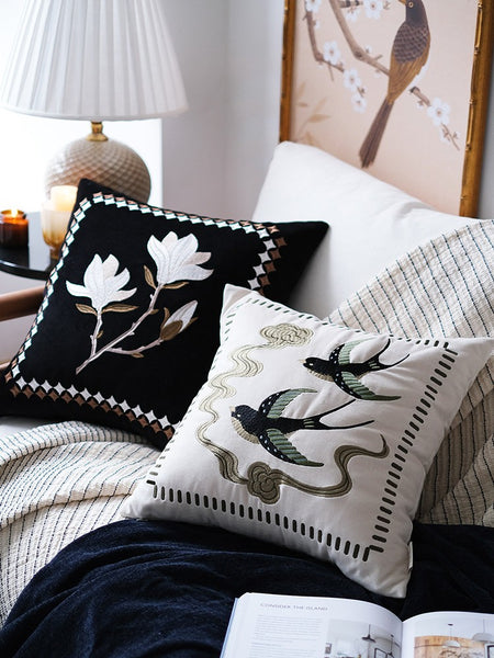 Embroidered Swallow Birds Cushion, Vintage Decorative Pillows, Luxury Decorative Pillows for Couch, Modern Throw Pillows for Couch, Decorative Pillow Arrangement Ideas for Bed-Paintingforhome
