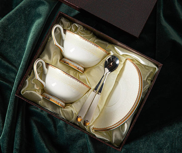 Elegant British Ceramic Coffee Cups, Bone China Porcelain Coffee Cup Set, White Ceramic Cups, Unique Tea Cup and Saucer in Gift Box-Paintingforhome