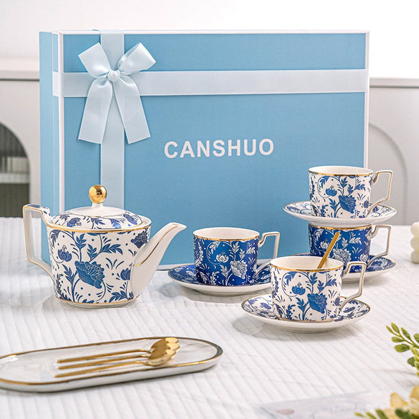 Unique British Traditional Afternoon Tea Cup Set with Teapot, 8 oz Ceramic Coffee Cup with Saucer Set of 4 cups in Gift Box, Blue Porcelain Tea Cup and Saucer Set-Paintingforhome