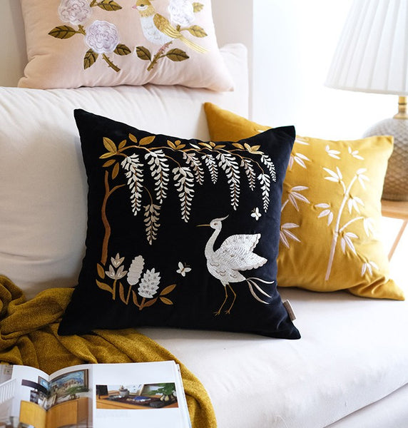 Decorative Pillow Arrangement Ideas for Bed, Embroidered Egret Cushion, Vintage Decorative Pillows, Luxury Decorative Pillows for Couch, Modern Throw Pillows for Couch-Paintingforhome