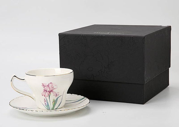 Iris Flower British Tea Cups, Beautiful Porcelain Tea Cup Saucer Set, Traditional English Tea Cup and Saucer, Unique Ceramic Coffee Cups in Gift Box-Paintingforhome