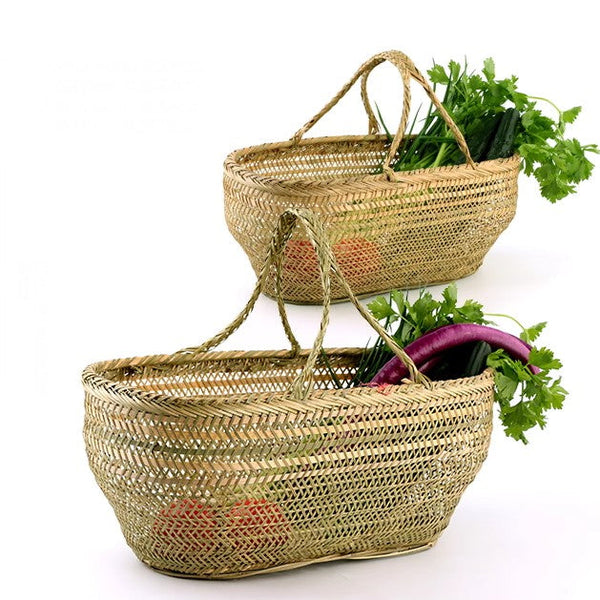 Picnic Food Basket with Handle, Large Natural Hand-woven Bamboo Basket, Lovely Bamboo Baskets for Vegetable, Natural Fruit Basket Kitchen Storage Baskets-Paintingforhome