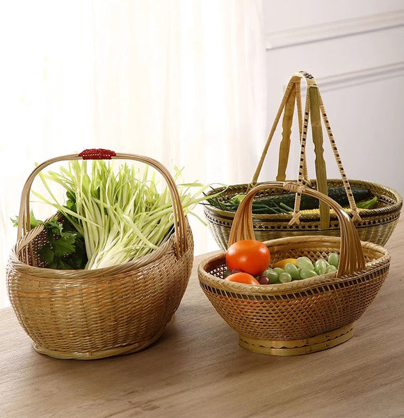 Natural Hand-woven Bamboo Basket, Extra Large Picnic Food Basket with Handle, Lovely Bamboo Baskets for Vegetable, Natural Fruit Basket Kitchen Storage Baskets-Paintingforhome