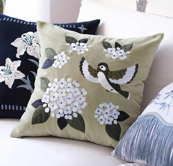 Decorative Pillow Arrangement Ideas for Couch, Living Room Decorative Pillows, Embroidered Swallow Birds Cushion, Large Decorative Pillows for Couch, Modern Throw Pillows for Bedroom-Paintingforhome