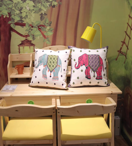 Elephant Embroider Cotton Pillow Covers, Farmhouse Decorative Sofa Pillows, Cotton Decorative Pillows, Decorative Throw Pillows for Couch-Paintingforhome