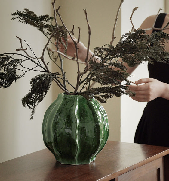 Handmade Modern Flower Vase, Centerpiece Ceramic Bouquet Vases, Large Contemporary Vases on Dining Table, Green Porcelain Vases for Modern Home Decor-Paintingforhome