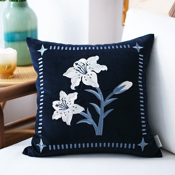 Dark Blue Lily Embroidered Cushion, Living Room Decorative Pillows, Decorative Pillow Arrangement Ideas for Couch, Large Decorative Pillows for Couch, Modern Throw Pillows for Bedroom-Paintingforhome