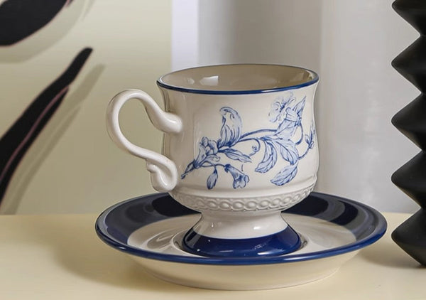Creative Blue Coffee Cup and Saucer, 8 oz Ceramic Cups for Traditional Afternoon Tea, Creative Porcelain Tea Cup Saucer Set, Beautiful British Tea Cups-Paintingforhome