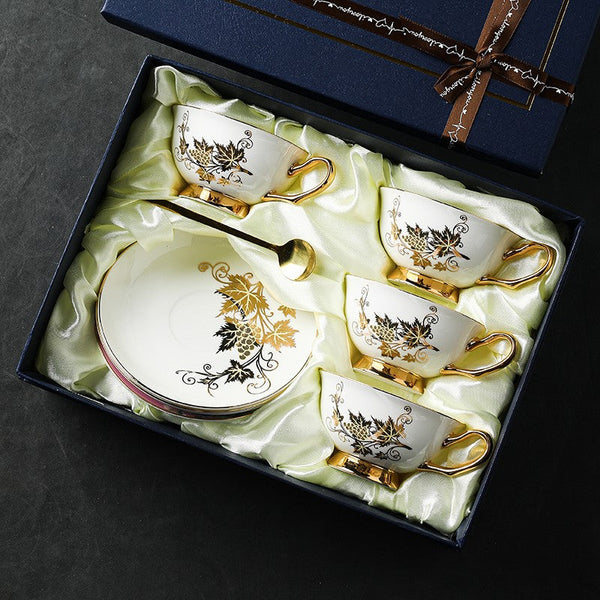 Elegant British Ceramic Coffee Cups, 7.4 oz Golden Leaves and Grapes Porcelain Tea Cup Saucer Set, Unique British Tea Cup and Saucer in Gift Box-Paintingforhome